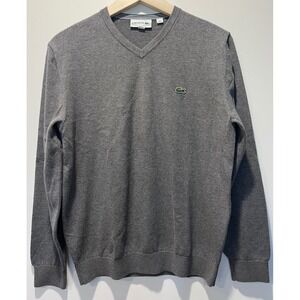 Lacoste‎ Men Gray V Neck Long Sleeve Sweater Size M Lightweight Casual